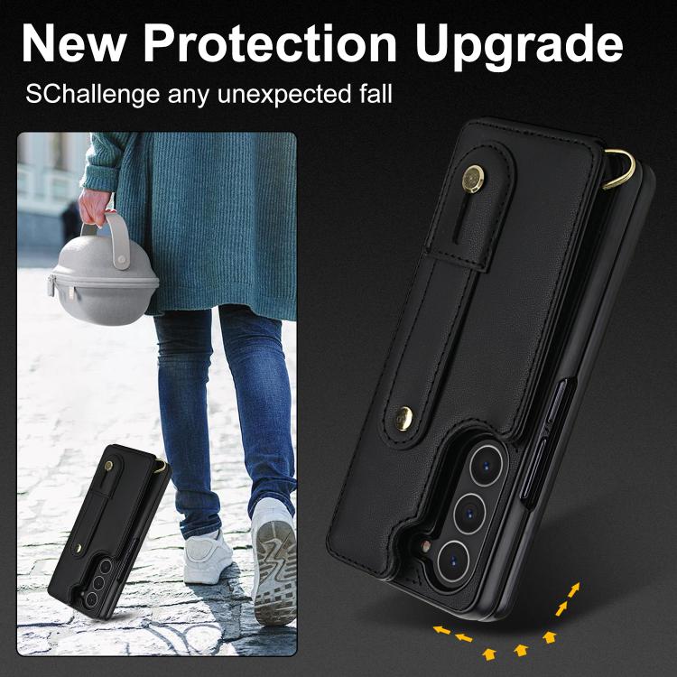 For Samsung Galaxy Z Fold5 5G Wristband Vertical Flip Wallet Back Cover Phone Case with Long Lanyard