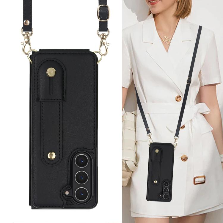 For Samsung Galaxy Z Fold5 5G Wristband Vertical Flip Wallet Back Cover Phone Case with Long Lanyard