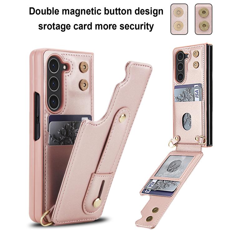 For Samsung Galaxy Z Fold5 5G Wristband Vertical Flip Wallet Back Cover Phone Case with Long Lanyard