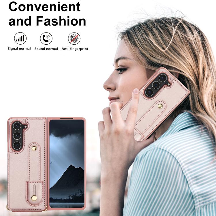 For Samsung Galaxy Z Fold5 5G Wristband Vertical Flip Wallet Back Cover Phone Case with Long Lanyard