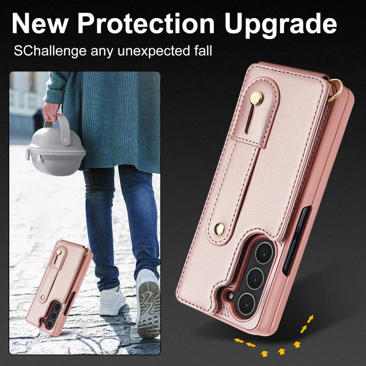 For Samsung Galaxy Z Fold5 5G Wristband Vertical Flip Wallet Back Cover Phone Case with Long Lanyard
