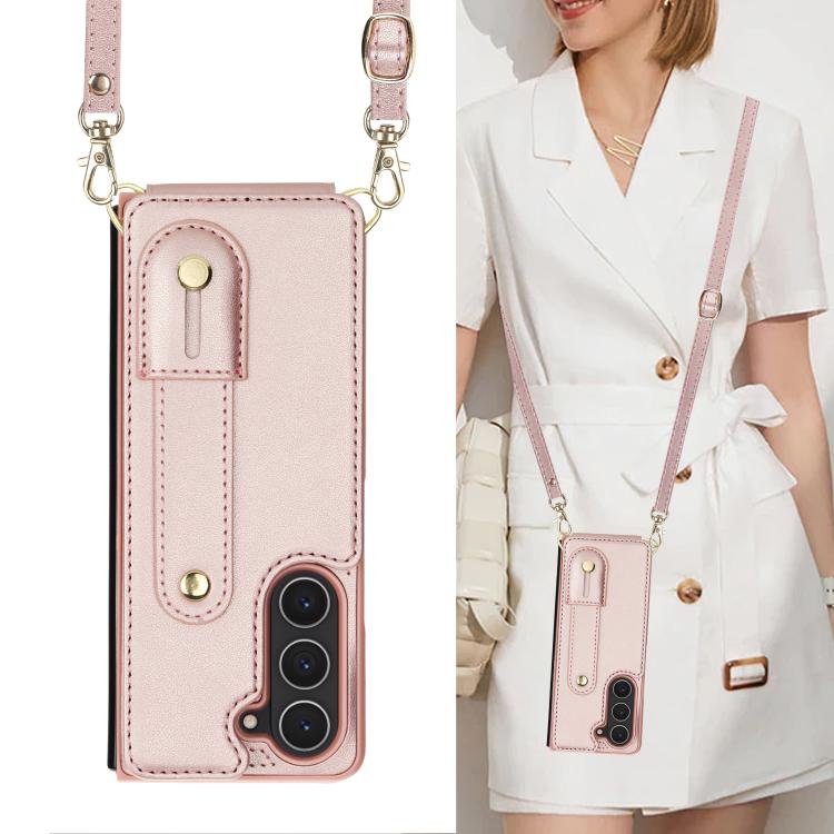 For Samsung Galaxy Z Fold5 5G Wristband Vertical Flip Wallet Back Cover Phone Case with Long Lanyard