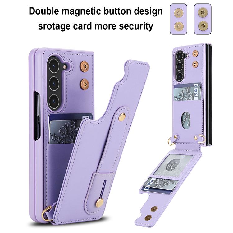 For Samsung Galaxy Z Fold5 5G Wristband Vertical Flip Wallet Back Cover Phone Case with Long Lanyard
