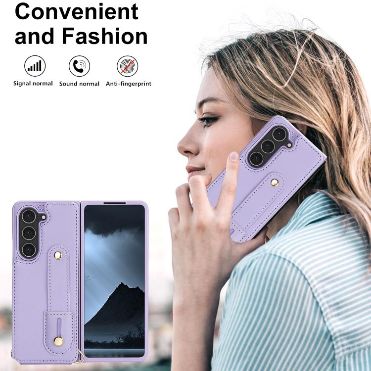 For Samsung Galaxy Z Fold5 5G Wristband Vertical Flip Wallet Back Cover Phone Case with Long Lanyard