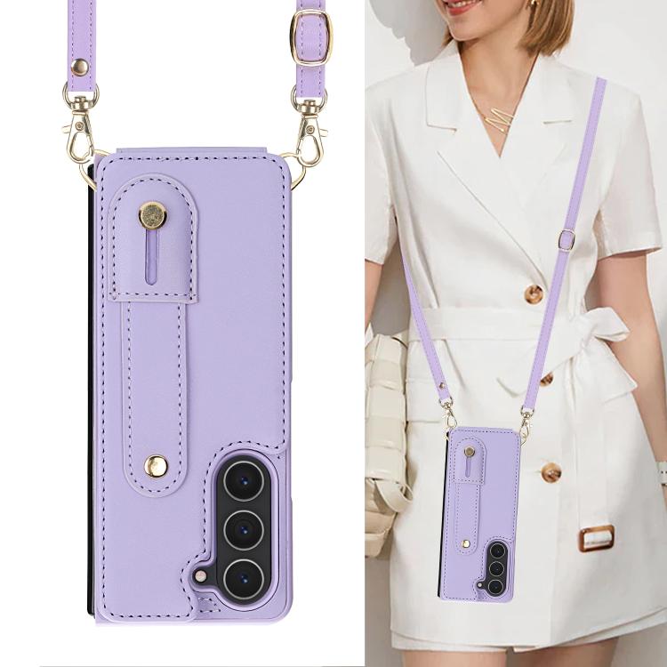For Samsung Galaxy Z Fold5 5G Wristband Vertical Flip Wallet Back Cover Phone Case with Long Lanyard