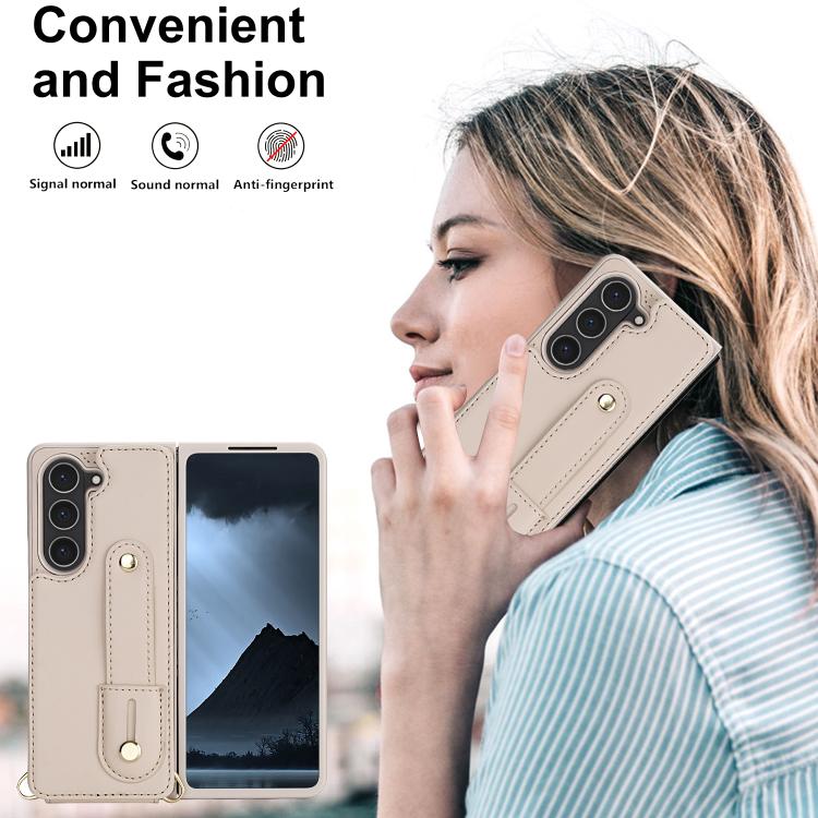 For Samsung Galaxy Z Fold5 5G Wristband Vertical Flip Wallet Back Cover Phone Case with Long Lanyard