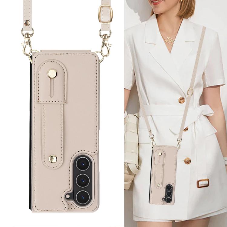 For Samsung Galaxy Z Fold5 5G Wristband Vertical Flip Wallet Back Cover Phone Case with Long Lanyard