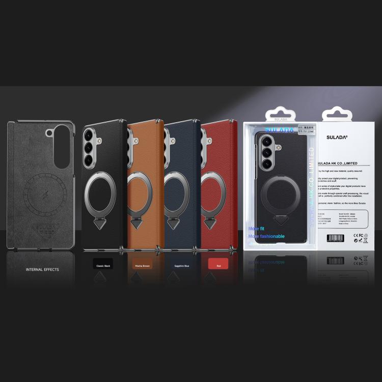 For Samsung Galaxy Z Fold7 5G SULADA Top Grain Leather MagSafe Magnetic Holder Phone Case