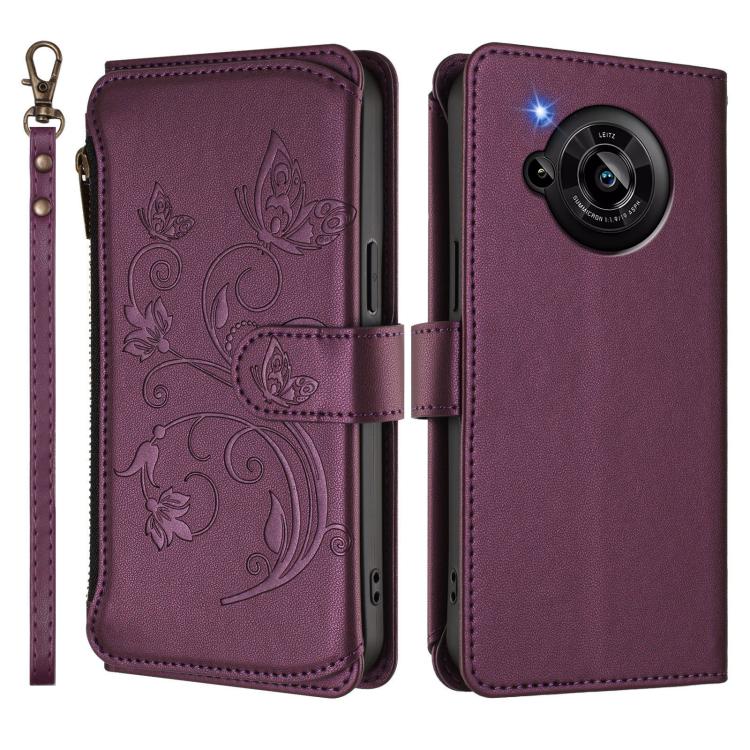 For Sharp Aquos R7 / P7 / SH-52C /A202SH Butterfly Love Flower Multi-card Zipper Wallet Leather Phone Case