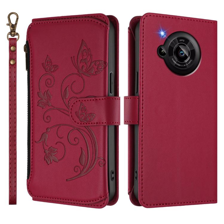 For Sharp Aquos R7 / P7 / SH-52C /A202SH Butterfly Love Flower Multi-card Zipper Wallet Leather Phone Case