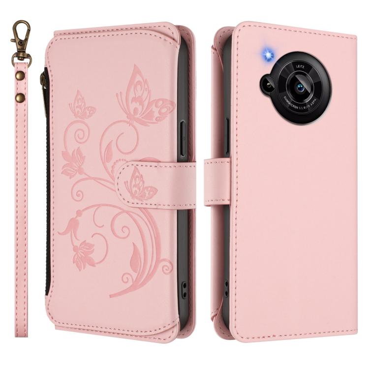 For Sharp Aquos R7 / P7 / SH-52C /A202SH Butterfly Love Flower Multi-card Zipper Wallet Leather Phone Case