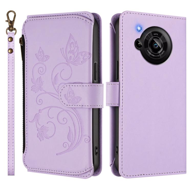 For Sharp Aquos R7 / P7 / SH-52C /A202SH Butterfly Love Flower Multi-card Zipper Wallet Leather Phone Case