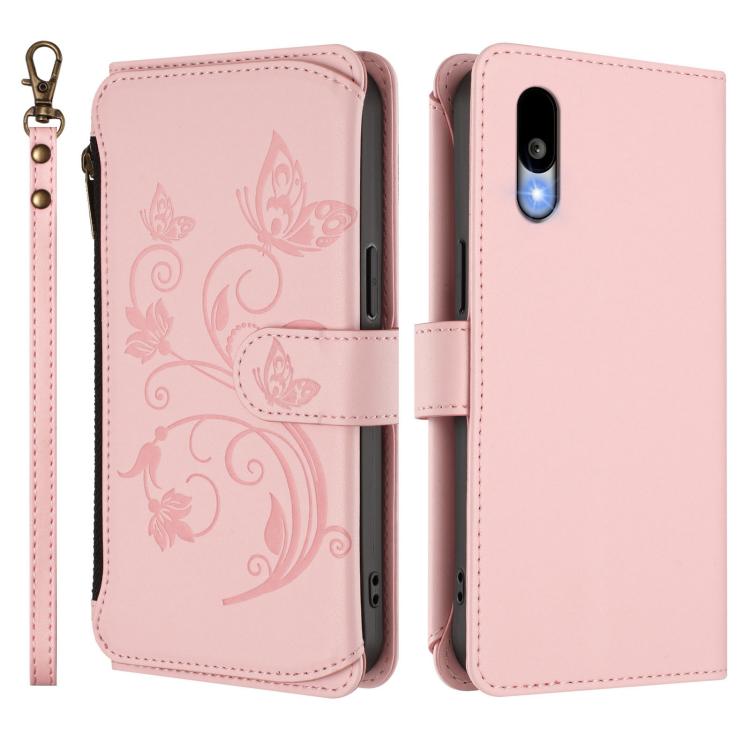 For Sharp Basio Active3 Butterfly Love Flower Multi-card Zipper Wallet Leather Phone Case