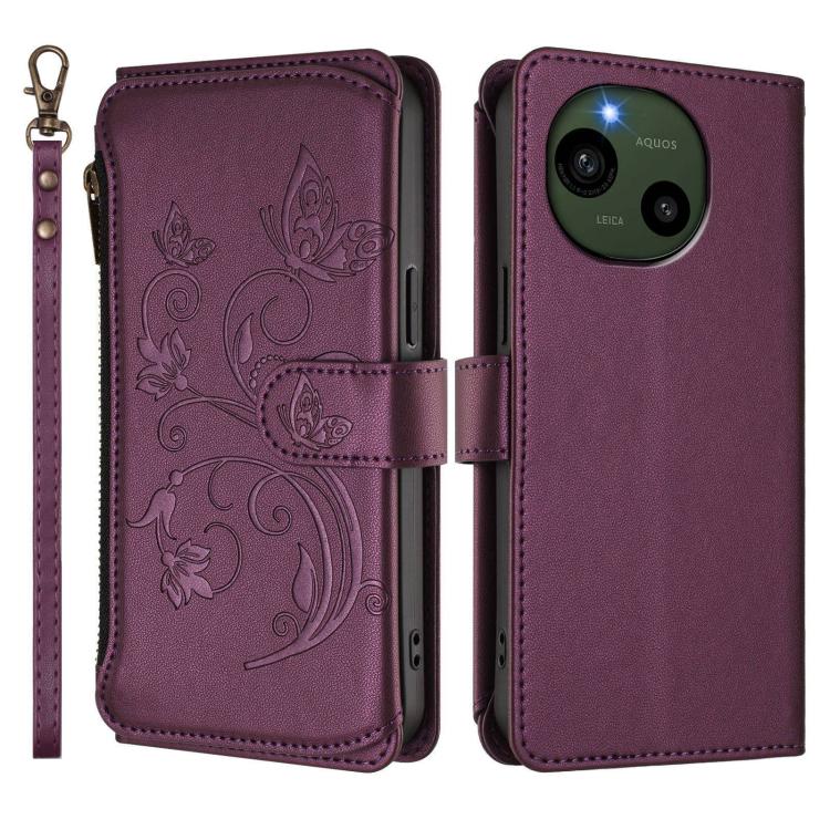 For Sharp Aquos R9 SH-51E Butterfly Love Flower Multi-card Zipper Wallet Leather Phone Case