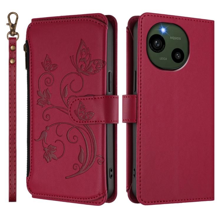For Sharp Aquos R9 SH-51E Butterfly Love Flower Multi-card Zipper Wallet Leather Phone Case