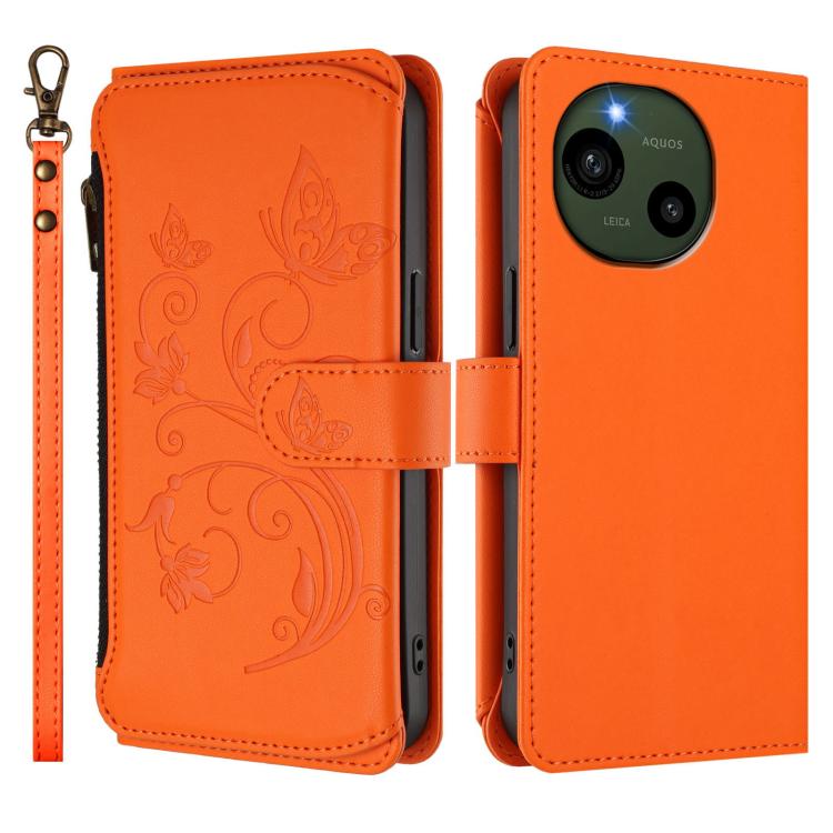 For Sharp Aquos R9 SH-51E Butterfly Love Flower Multi-card Zipper Wallet Leather Phone Case