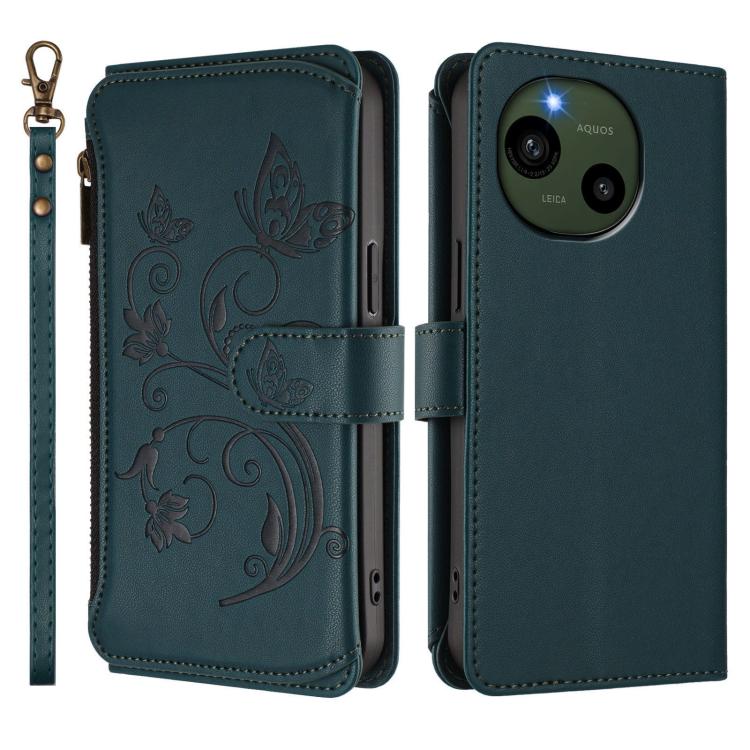 For Sharp Aquos R9 SH-51E Butterfly Love Flower Multi-card Zipper Wallet Leather Phone Case