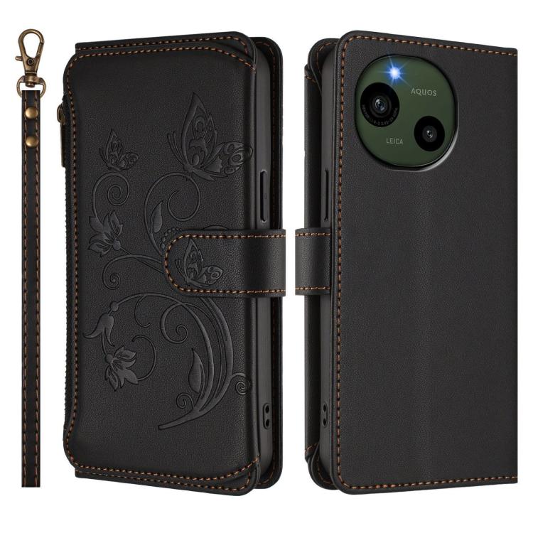 For Sharp Aquos R9 SH-51E Butterfly Love Flower Multi-card Zipper Wallet Leather Phone Case