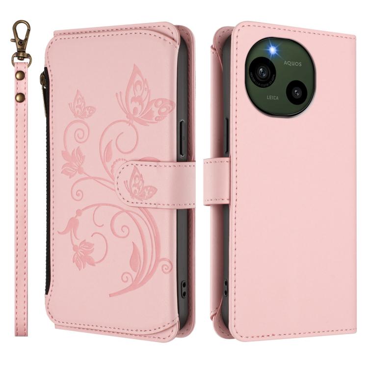 For Sharp Aquos R9 SH-51E Butterfly Love Flower Multi-card Zipper Wallet Leather Phone Case