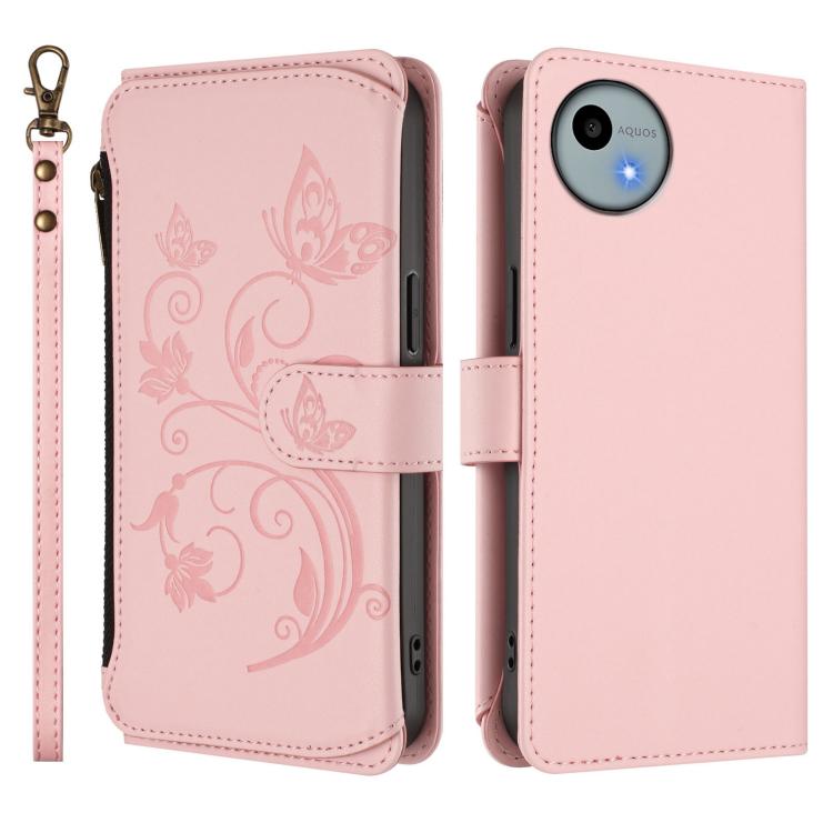 For Sharp Aquos Wish4 / SH-52E Butterfly Love Flower Multi-card Zipper Wallet Leather Phone Case