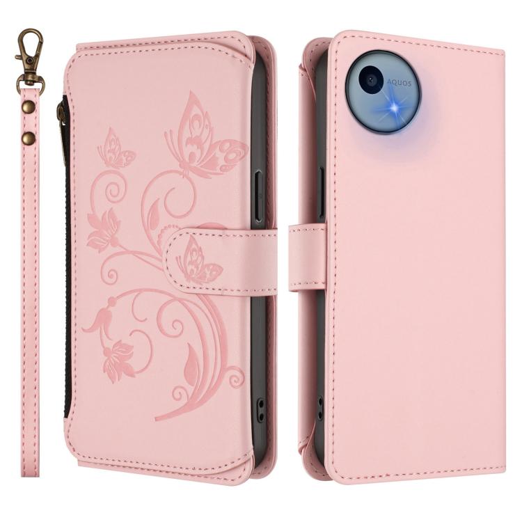 For Sharp Aquos Wish5 Butterfly Love Flower Multi-card Zipper Wallet Leather Phone Case