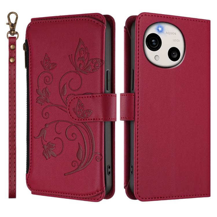 For Sharp Aquos R11 Butterfly Love Flower Multi-card Zipper Wallet Leather Phone Case