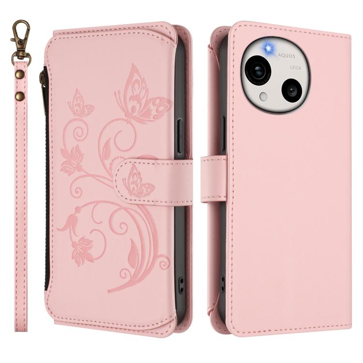 For Sharp Aquos R11 Butterfly Love Flower Multi-card Zipper Wallet Leather Phone Case