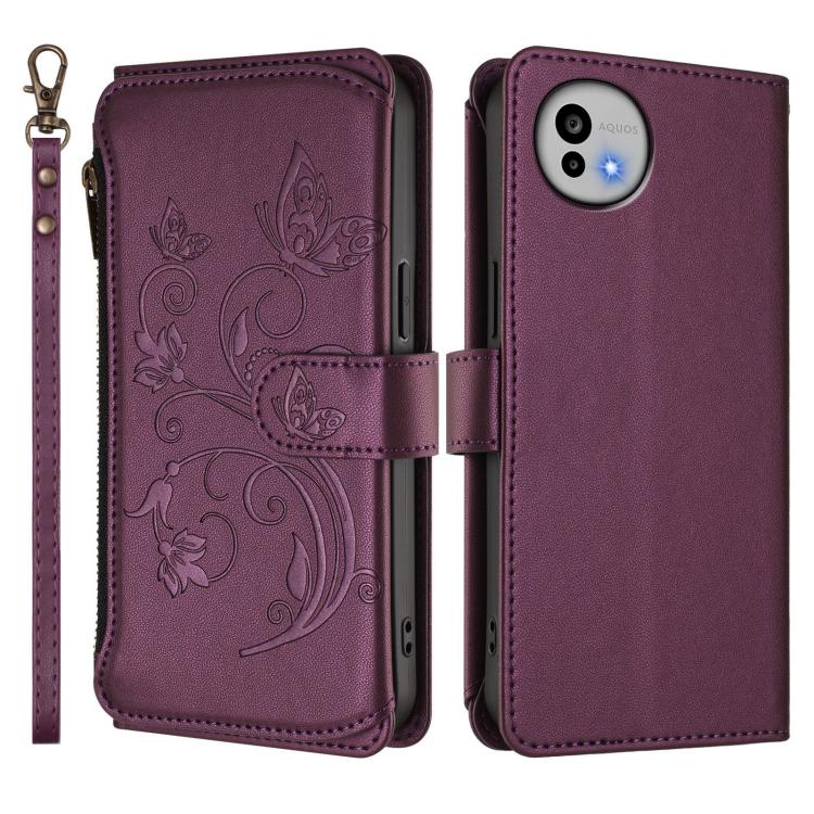 For Sharp Aquos wish6 Butterfly Love Flower Multi-card Zipper Wallet Leather Phone Case