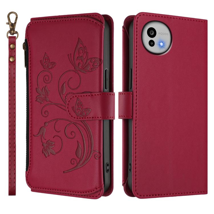 For Sharp Aquos wish6 Butterfly Love Flower Multi-card Zipper Wallet Leather Phone Case