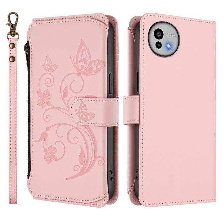 For Sharp Aquos wish6 Butterfly Love Flower Multi-card Zipper Wallet Leather Phone Case