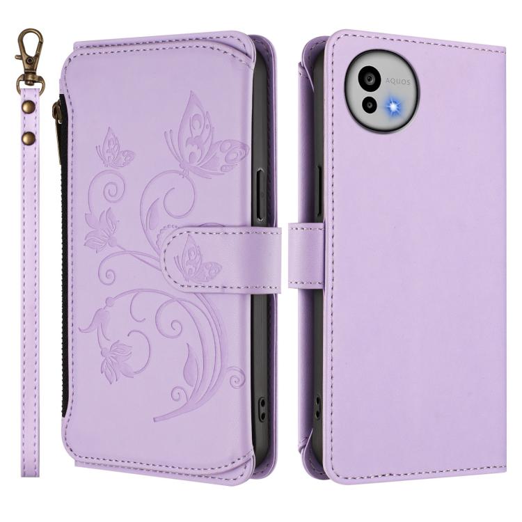 For Sharp Aquos wish6 Butterfly Love Flower Multi-card Zipper Wallet Leather Phone Case
