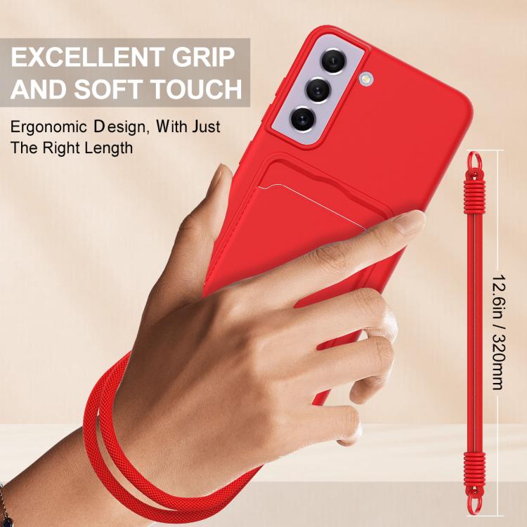 For Samsung Galaxy S21 FE 5G Integrated Card Bag Solid Color Liquid Silicone Phone Case Gen2 with Short Lanyard