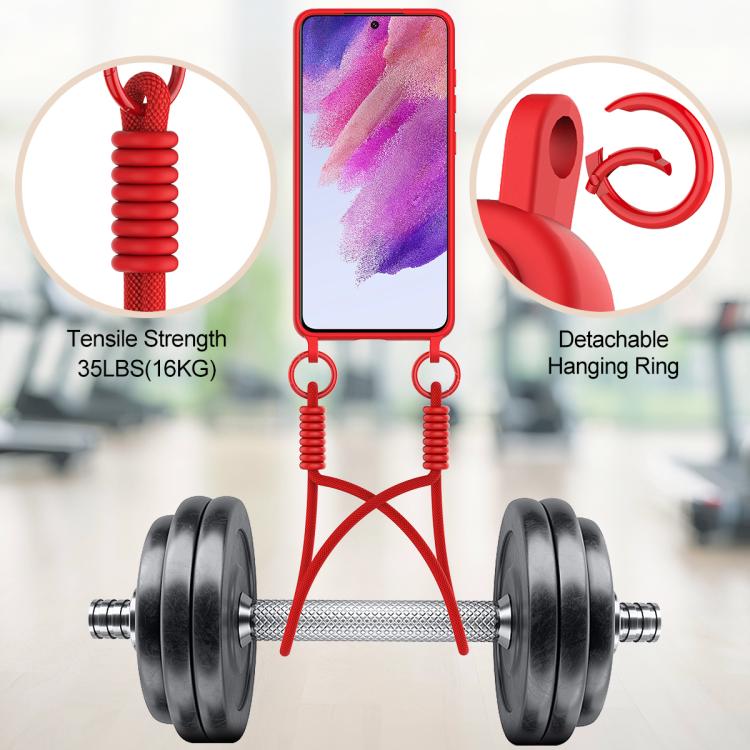 For Samsung Galaxy S21 FE 5G Integrated Card Bag Solid Color Liquid Silicone Phone Case Gen2 with Short Lanyard