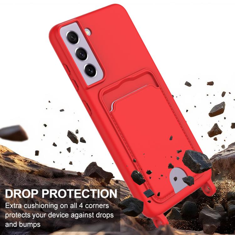 For Samsung Galaxy S21 FE 5G Integrated Card Bag Solid Color Liquid Silicone Phone Case Gen2 with Short Lanyard