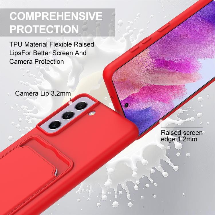 For Samsung Galaxy S21 FE 5G Integrated Card Bag Solid Color Liquid Silicone Phone Case Gen2 with Short Lanyard