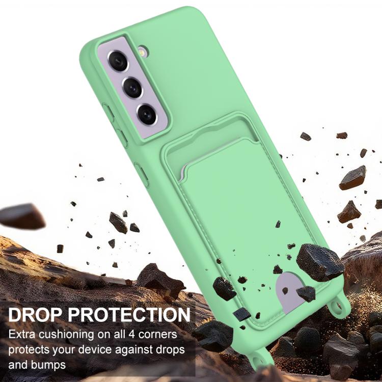 For Samsung Galaxy S21 FE 5G Integrated Card Bag Solid Color Liquid Silicone Phone Case Gen2 with Short Lanyard