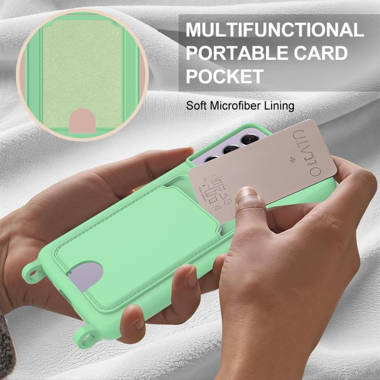 For Samsung Galaxy S21 FE 5G Integrated Card Bag Solid Color Liquid Silicone Phone Case Gen2 with Short Lanyard