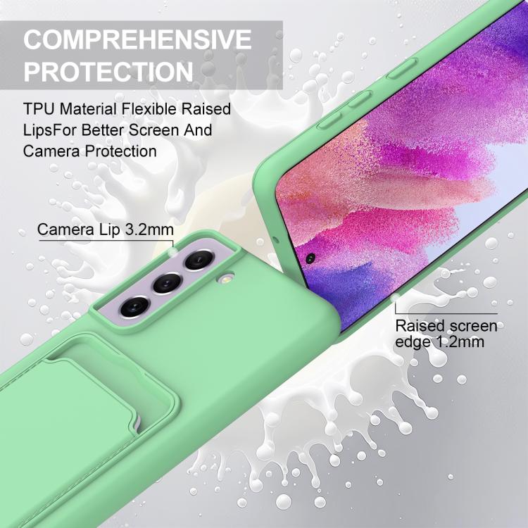 For Samsung Galaxy S21 FE 5G Integrated Card Bag Solid Color Liquid Silicone Phone Case Gen2 with Short Lanyard