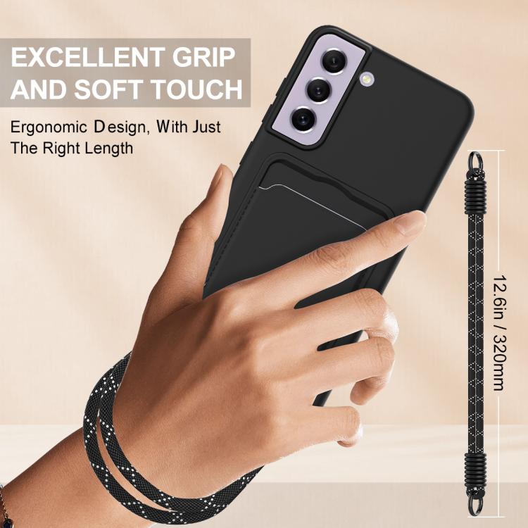 For Samsung Galaxy S21 FE 5G Integrated Card Bag Solid Color Liquid Silicone Phone Case Gen2 with Short Lanyard