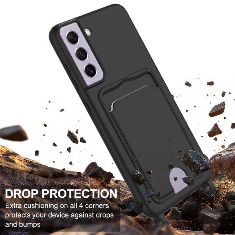 For Samsung Galaxy S21 FE 5G Integrated Card Bag Solid Color Liquid Silicone Phone Case Gen2 with Short Lanyard