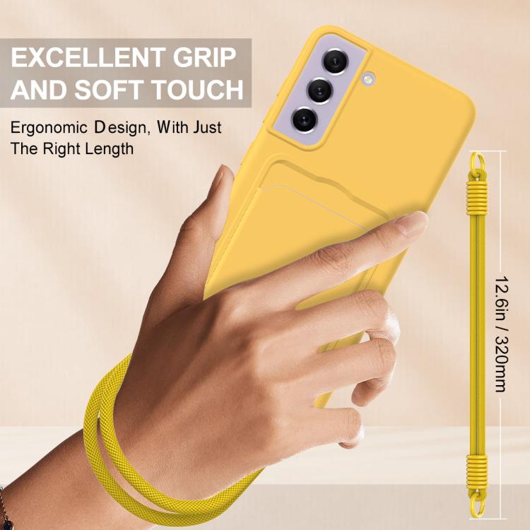 For Samsung Galaxy S21 FE 5G Integrated Card Bag Solid Color Liquid Silicone Phone Case Gen2 with Short Lanyard