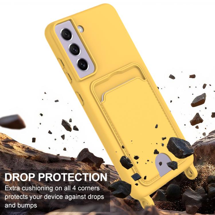 For Samsung Galaxy S21 FE 5G Integrated Card Bag Solid Color Liquid Silicone Phone Case Gen2 with Short Lanyard