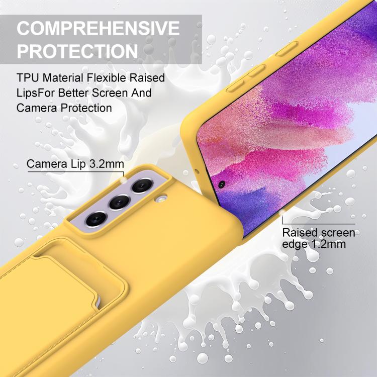 For Samsung Galaxy S21 FE 5G Integrated Card Bag Solid Color Liquid Silicone Phone Case Gen2 with Short Lanyard