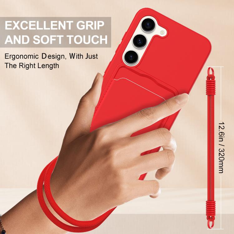 For Samsung Galaxy S23 5G Integrated Card Bag Solid Color Liquid Silicone Phone Case Gen2 with Short Lanyard