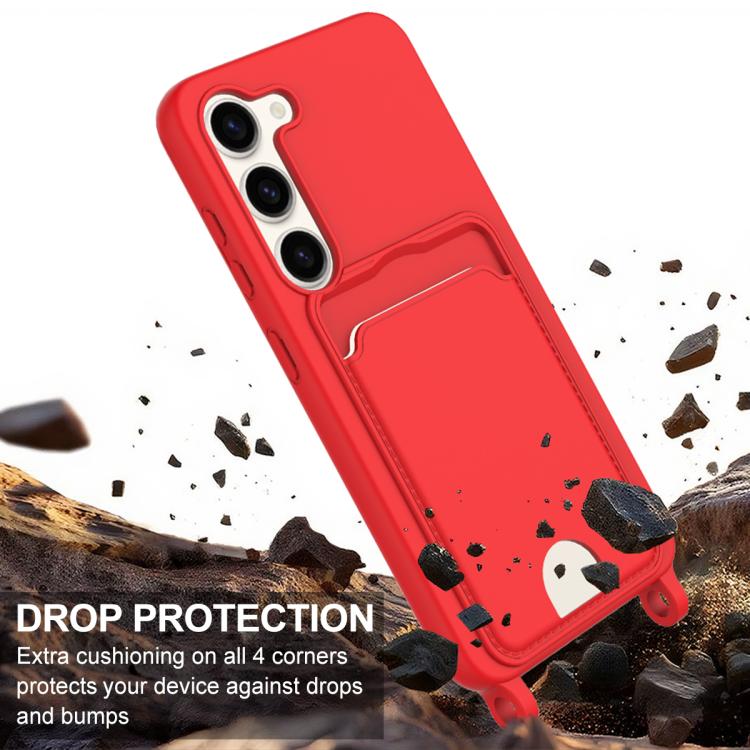For Samsung Galaxy S23 5G Integrated Card Bag Solid Color Liquid Silicone Phone Case Gen2 with Short Lanyard