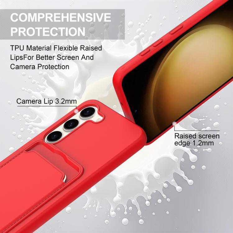 For Samsung Galaxy S23 5G Integrated Card Bag Solid Color Liquid Silicone Phone Case Gen2 with Short Lanyard