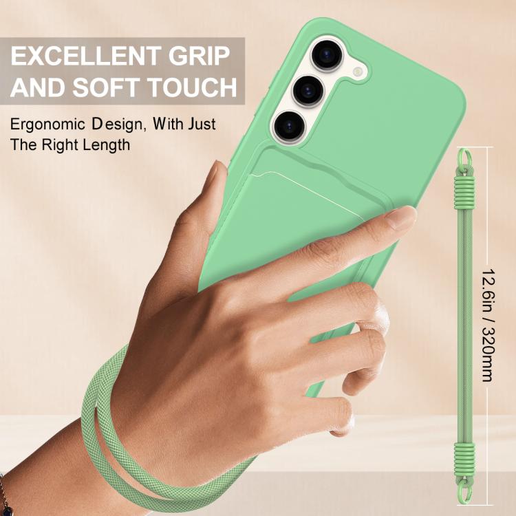 For Samsung Galaxy S23 5G Integrated Card Bag Solid Color Liquid Silicone Phone Case Gen2 with Short Lanyard