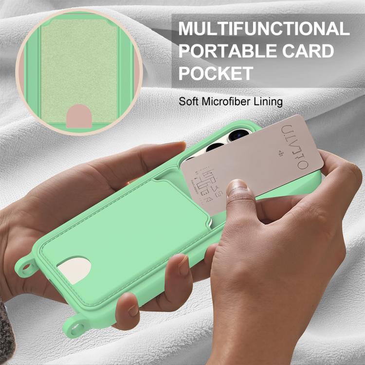 For Samsung Galaxy S23 5G Integrated Card Bag Solid Color Liquid Silicone Phone Case Gen2 with Short Lanyard