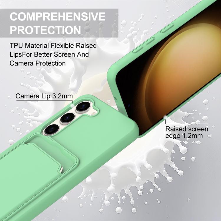 For Samsung Galaxy S23 5G Integrated Card Bag Solid Color Liquid Silicone Phone Case Gen2 with Short Lanyard