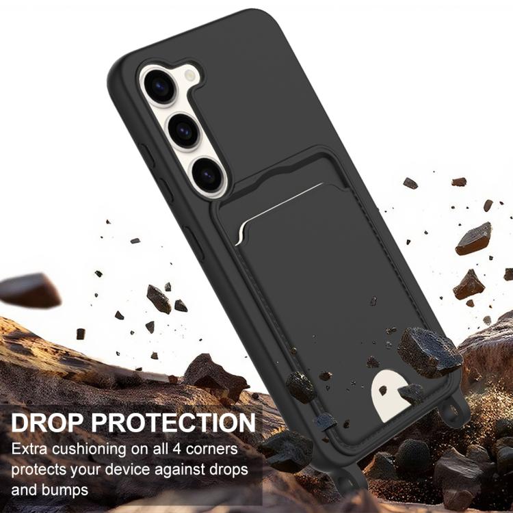 For Samsung Galaxy S23 5G Integrated Card Bag Solid Color Liquid Silicone Phone Case Gen2 with Short Lanyard